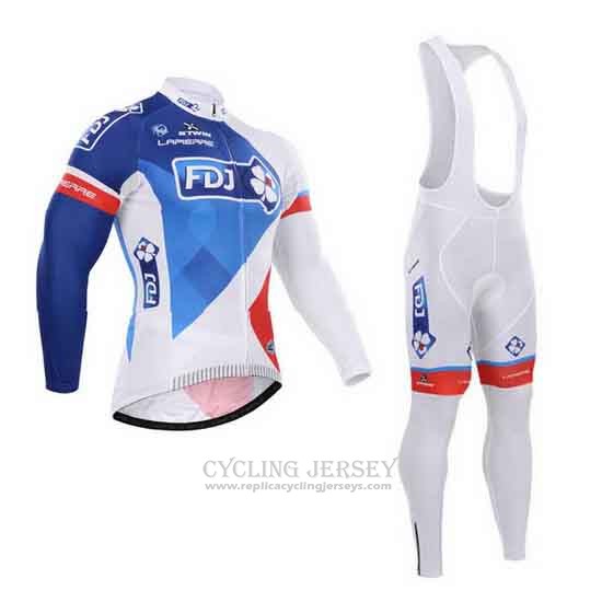 2015 Cycling Jersey FDJ White and Blue Long Sleeve and Bib Tight